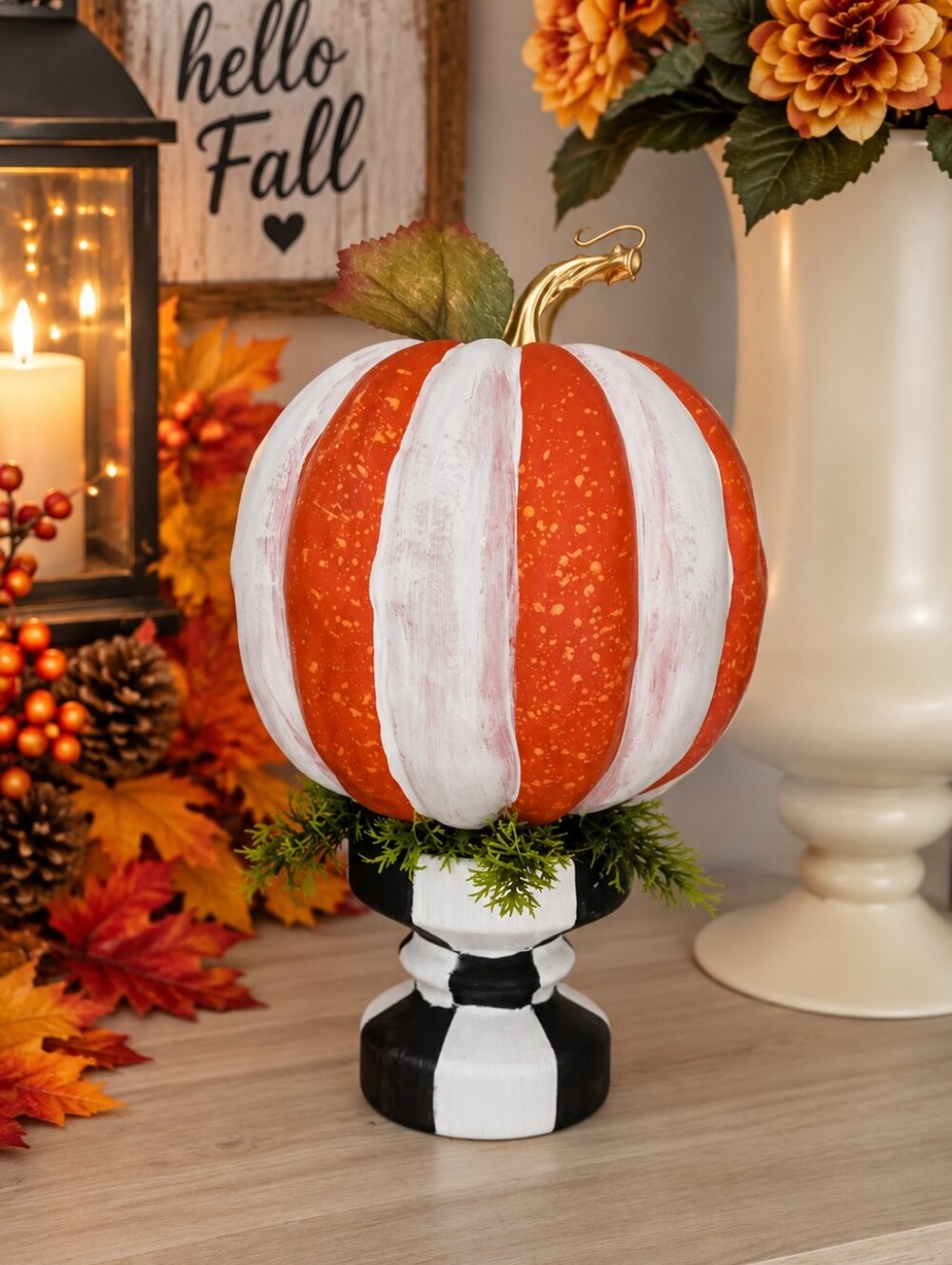 Hand-Painted, Checked,  Orange & White Striped Decorative Pumpkin On Pedestal!
